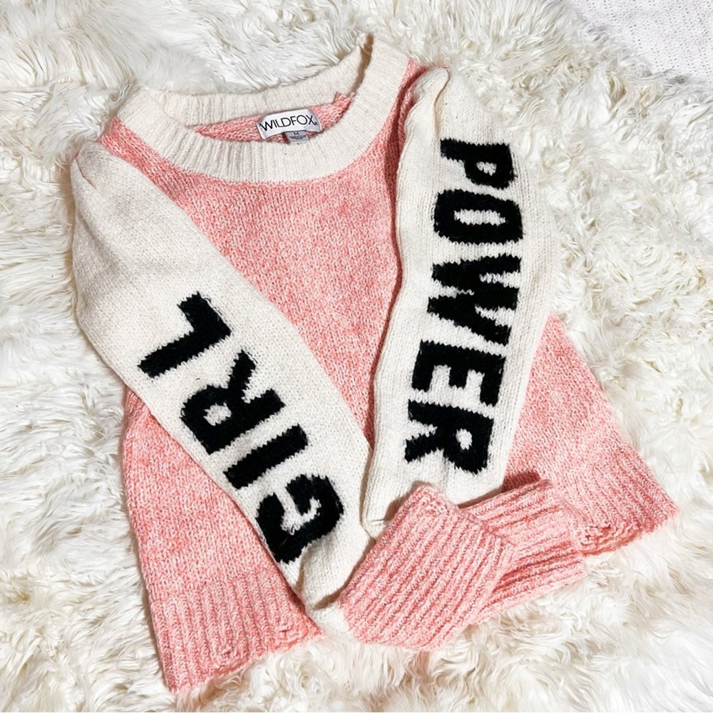 Wildfox Girl Power Pink Knit Sweater Distressed Graphic Pullover Medium - Picture 3 of 9